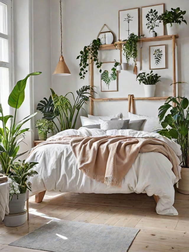 A bedroom with a large bed and a variety of potted plants, featuring a Scandinavian design style.