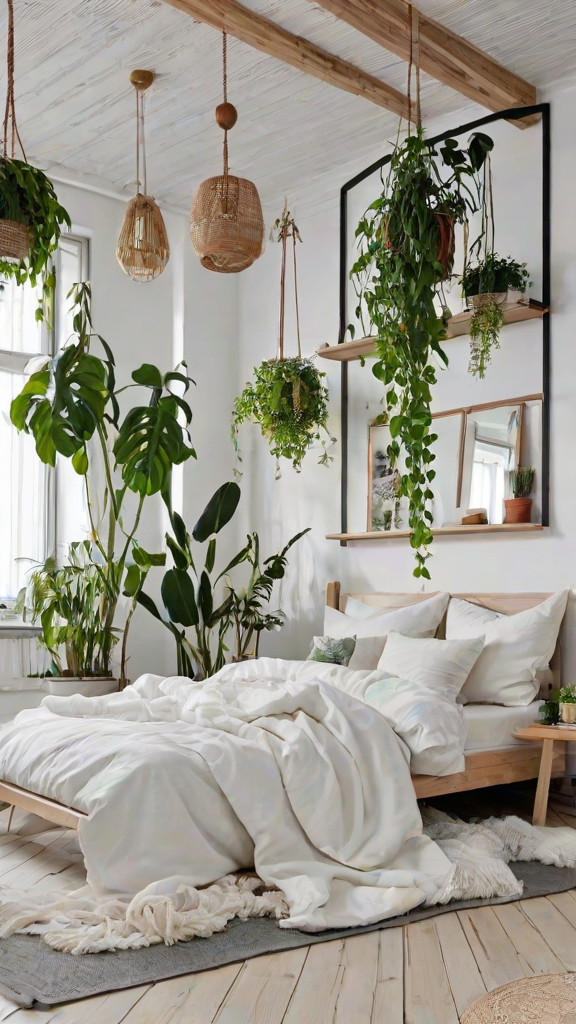 Scandinavian-style bedroom with a white bed and hanging plants