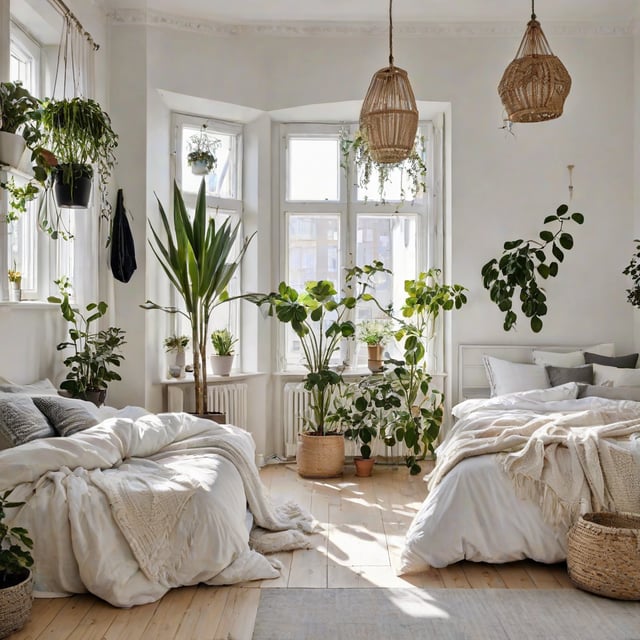 Scandinavian bedroom with two beds, white blankets, and numerous potted plants.