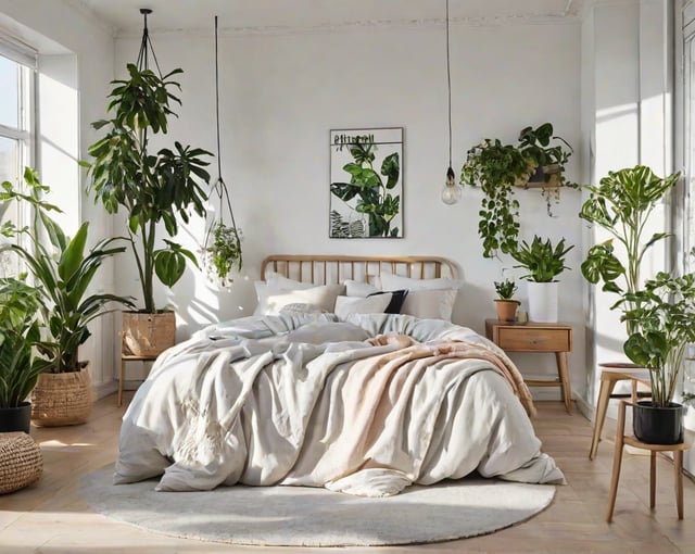 Scandinavian bedroom with a large bed, rug, and potted plants