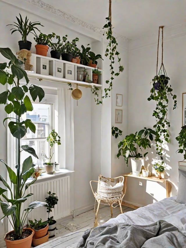 A white bedroom with a large window and a variety of potted plants.