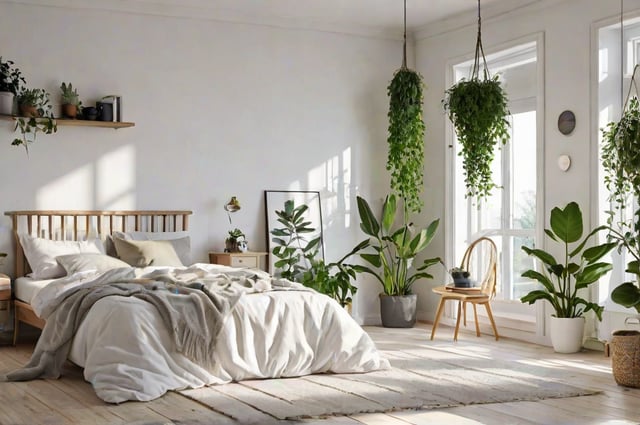 Scandinavian bedroom with a large bed, potted plants, and a window