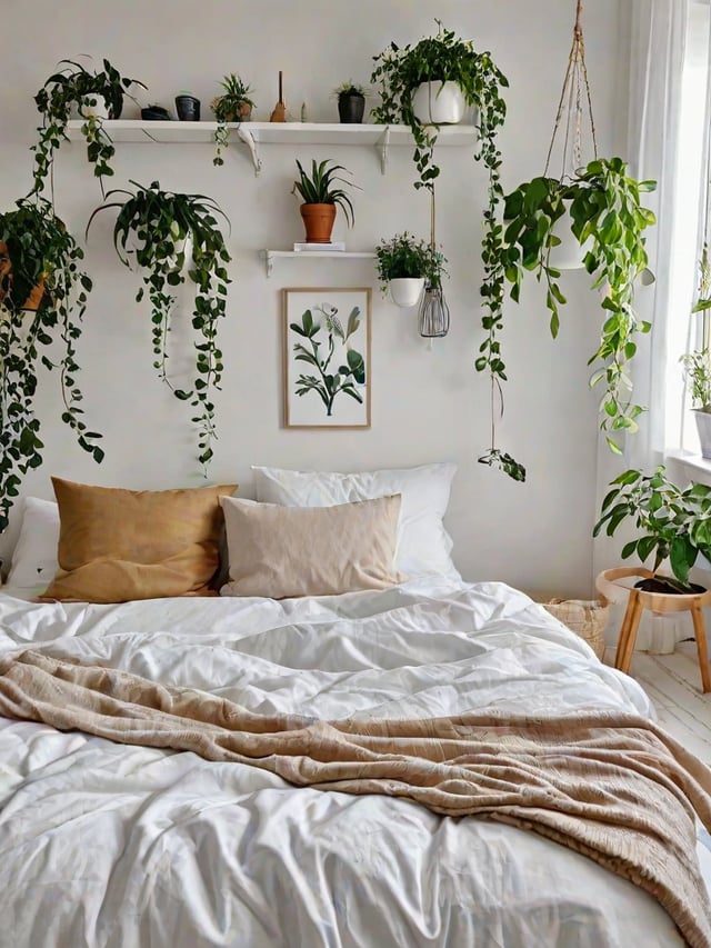 Scandinavian bedroom with a bed and hanging plants