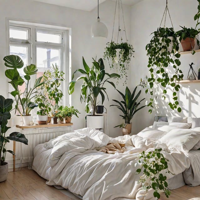 A bedroom with a bed and several potted plants. The bed is covered with white sheets and blankets. The room has a Scandinavian design style with white walls and a white bed. The room also features a large window that allows for plenty of natural light to enter the space.