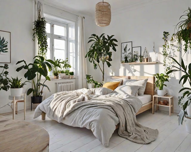 A bedroom with a large bed, white sheets, and blankets, and several potted plants.