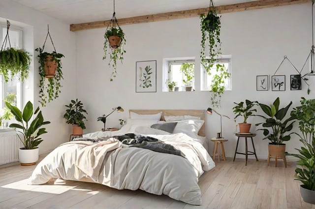 Scandinavian-style bedroom with a large bed, white linens, and hanging plants.