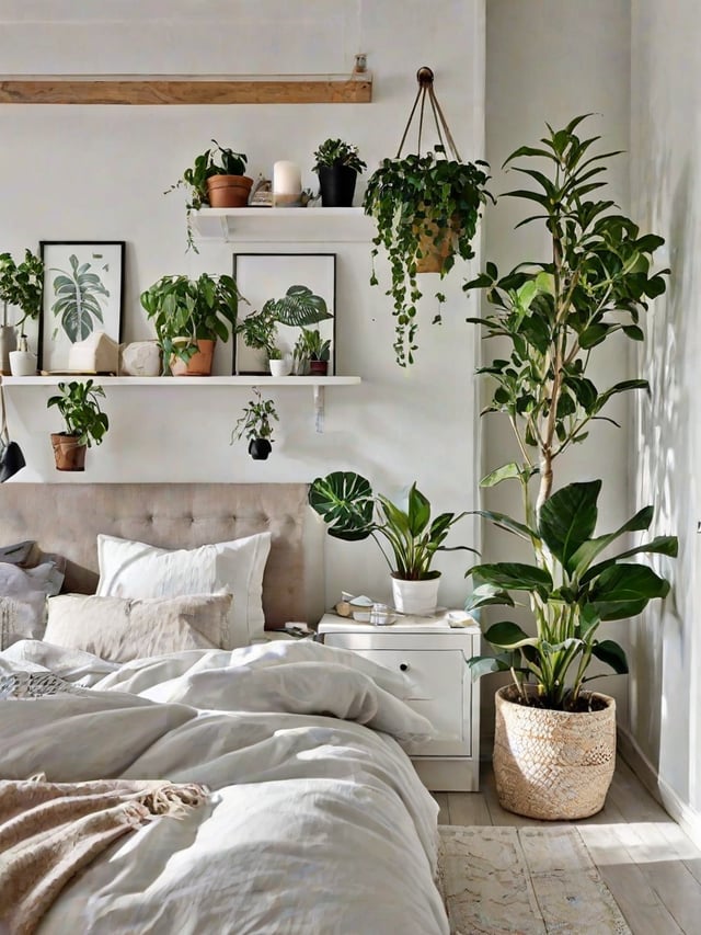 Scandinavian-style bedroom with a white bed and dresser, surrounded by potted plants