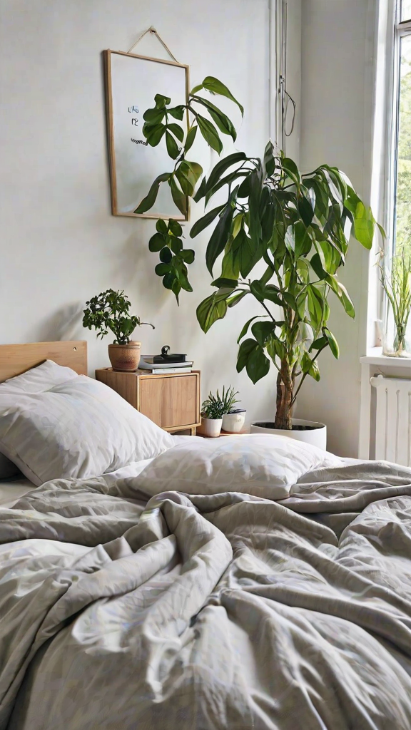 A bedroom with a bed, a dresser, and a window. The bed has white pillows and a white comforter. There is a potted plant and a record player on the dresser. The room has a Scandinavian design style.