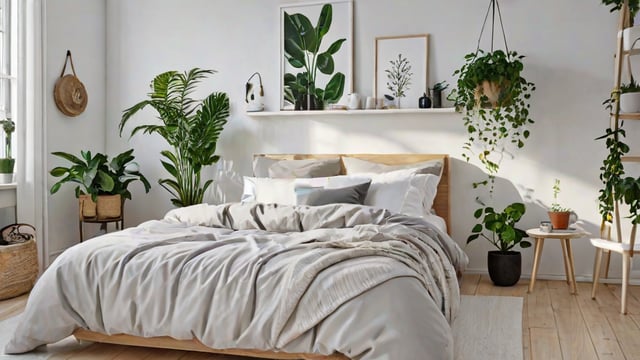 A bedroom with a large bed and a shelf above it. The shelf is decorated with several potted plants and vases. The bed is covered with a white comforter and has a white pillow on it.