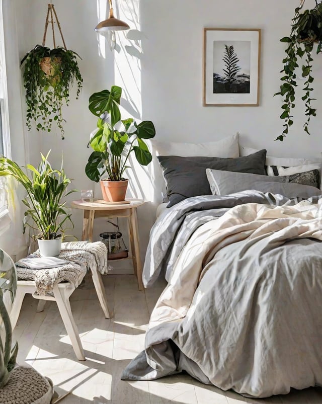 A bedroom with a large bed, grey comforter, and potted plants. The room has a Scandinavian design style.