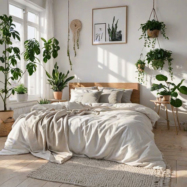 A bedroom with a large bed and several potted plants, in a Scandinavian design style.