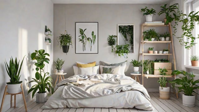 A cozy bedroom with a white bed and a variety of potted plants. The bedroom has a Scandinavian design style.