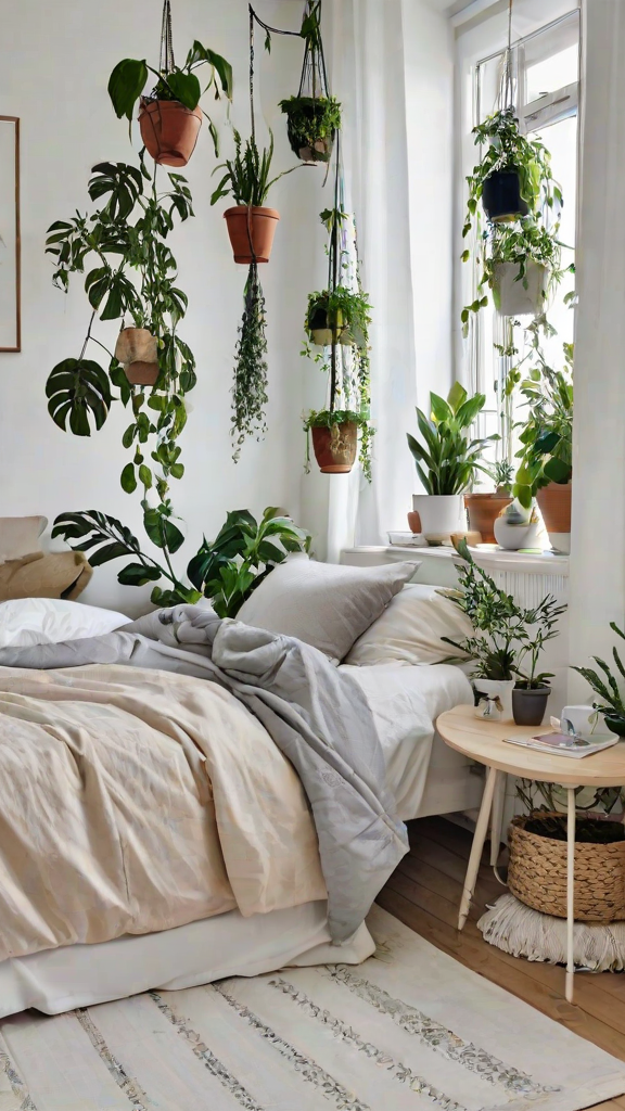 Scandinavian style bedroom with a bed under a window and many potted plants hanging from the ceiling.