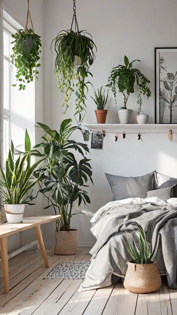 Scandinavian bedroom with a large bed and several potted plants