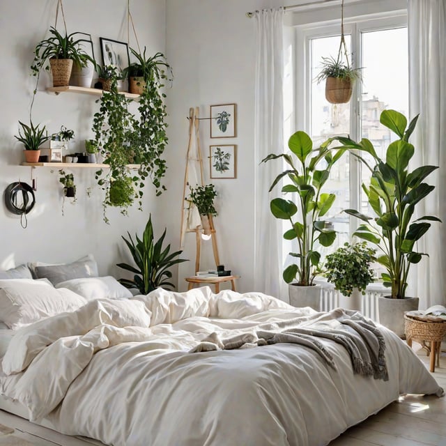 Scandinavian style bedroom with a white bed and potted plants