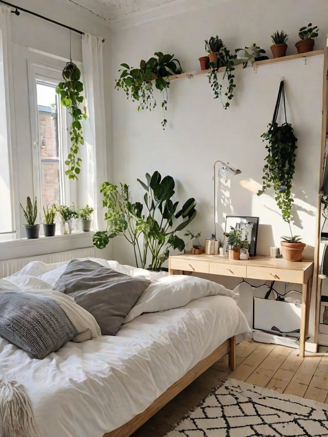 Scandinavian-style bedroom with a white bed and potted plants.