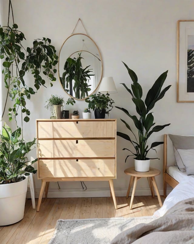 A white dresser with a mirror and several potted plants, including a large leafy plant and a small plant.