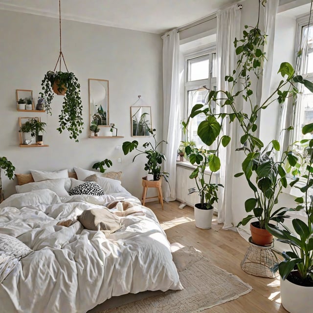 Scandinavian bedroom with a large bed and several potted plants