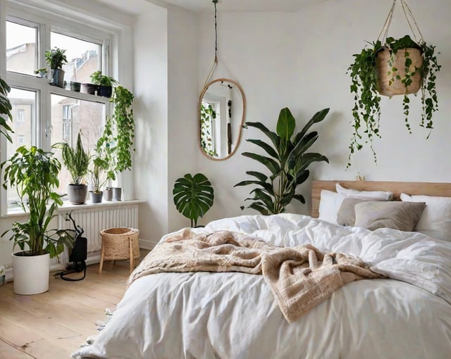 A bedroom with a bed, mirror, and potted plants. The bed is covered in a white comforter, and the room has a Scandinavian design style.