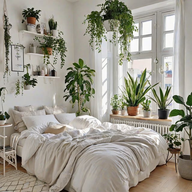 A bedroom with a large white bed and many potted plants, in a Scandinavian design style.