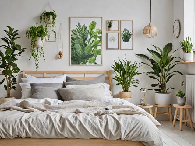 A bedroom with a large bed, wooden headboard, and several potted plants. The room has a scandinavian design style.