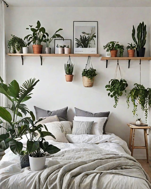 A bedroom with a bed under a shelf filled with potted plants. The plants are hanging from the shelf, creating a Scandinavian style design.