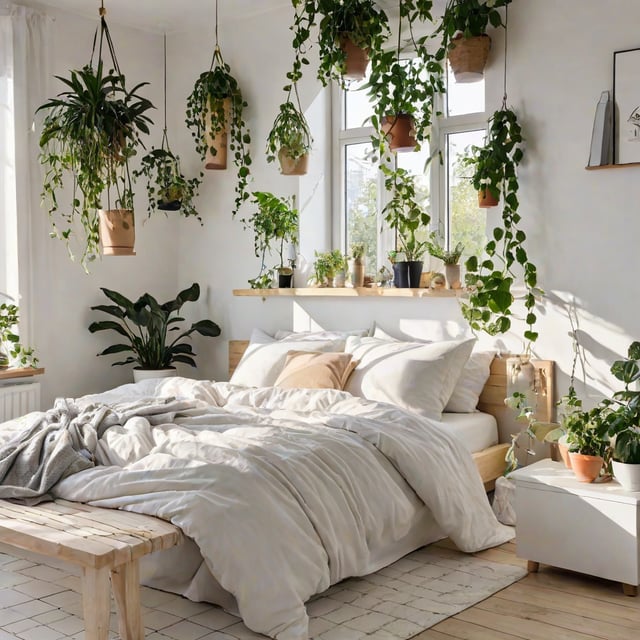 A white bedroom with a shelf full of potted plants and hanging plants. The room has a Scandinavian design style and is bright and inviting.