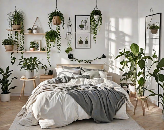 A bedroom with a large bed, white color scheme, and Scandinavian-style decoration