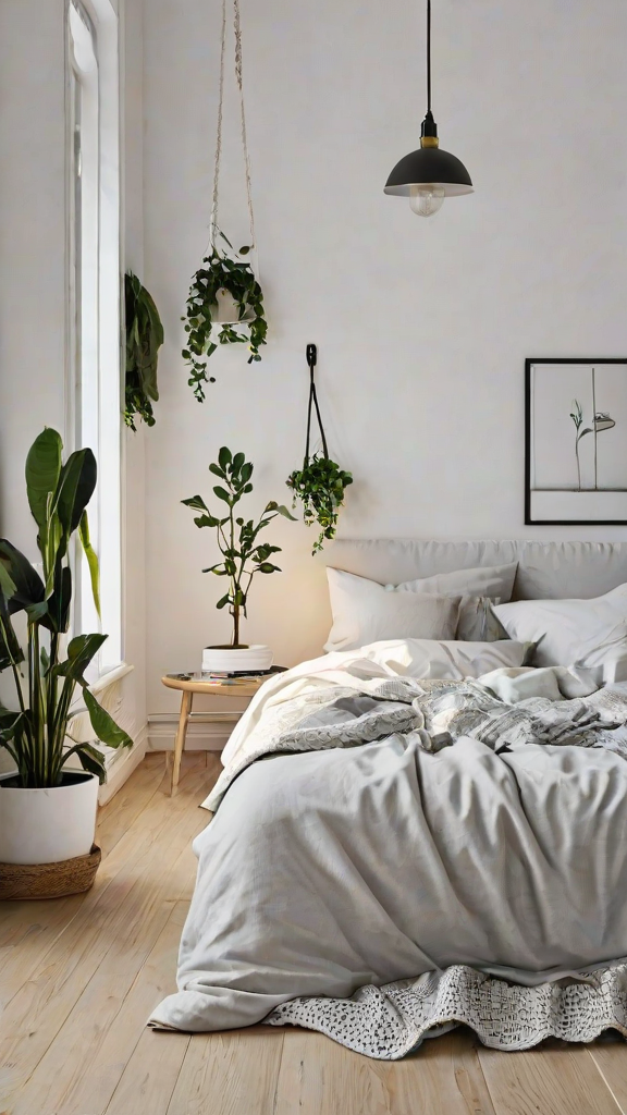 A bedroom with a white bed, a window, and several potted plants. The room has a Scandinavian design style.