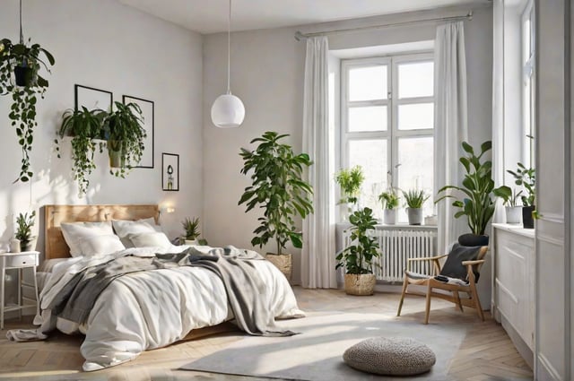 Scandinavian bedroom with a large bed, window, and potted plants