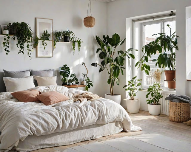 Scandinavian bedroom with a large bed, white comforter, and several potted plants