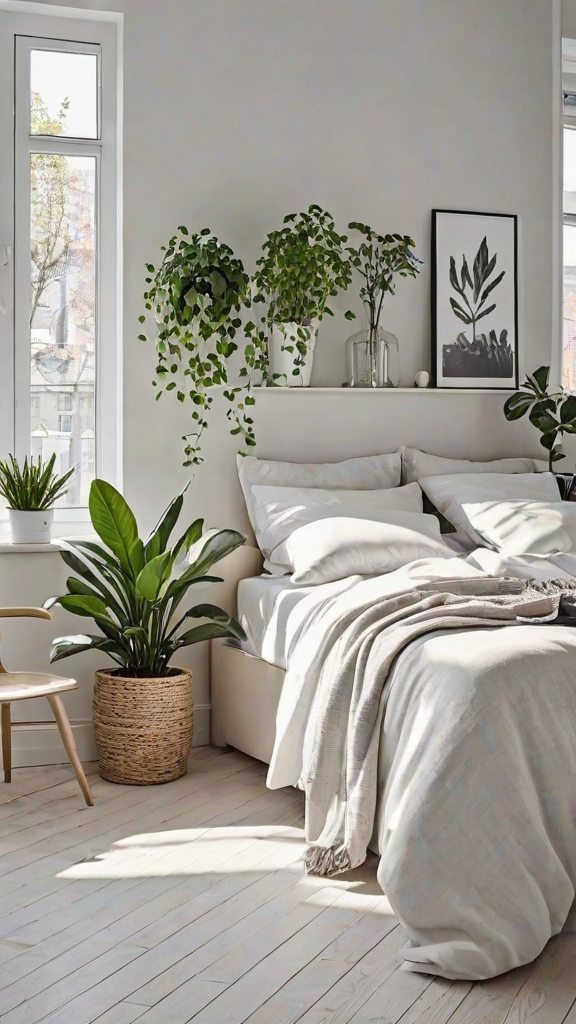 A cozy bedroom with a white bed and a variety of potted plants. The room has a Scandinavian design style.