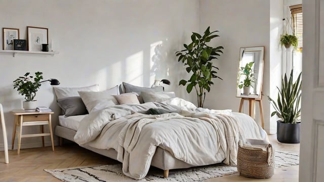 A bedroom with a large bed, white comforter, and potted plants. The room has a minimalist and elegant design.