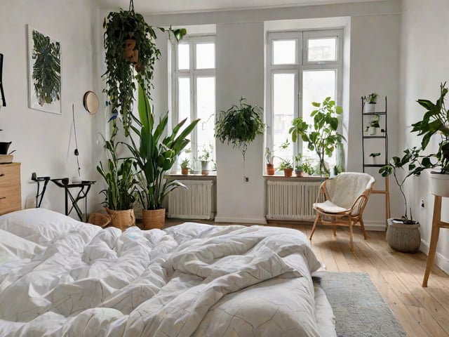 A cozy bedroom with a white comforter and many potted plants. The room has a Scandinavian design style.