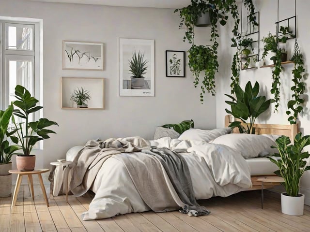 A bedroom with a bed covered in a white comforter and blankets, surrounded by potted plants. The room has a Scandinavian design style.