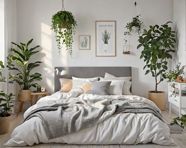 A bedroom with a bed and a few potted plants. The bed is covered in a white comforter and has a few pillows. There are also some hanging plants above the bed, adding a touch of greenery to the room.