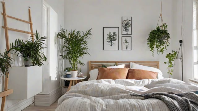 A bedroom with a white bed, brown pillows, and a few potted plants. The room is decorated with a few framed pictures on the wall.