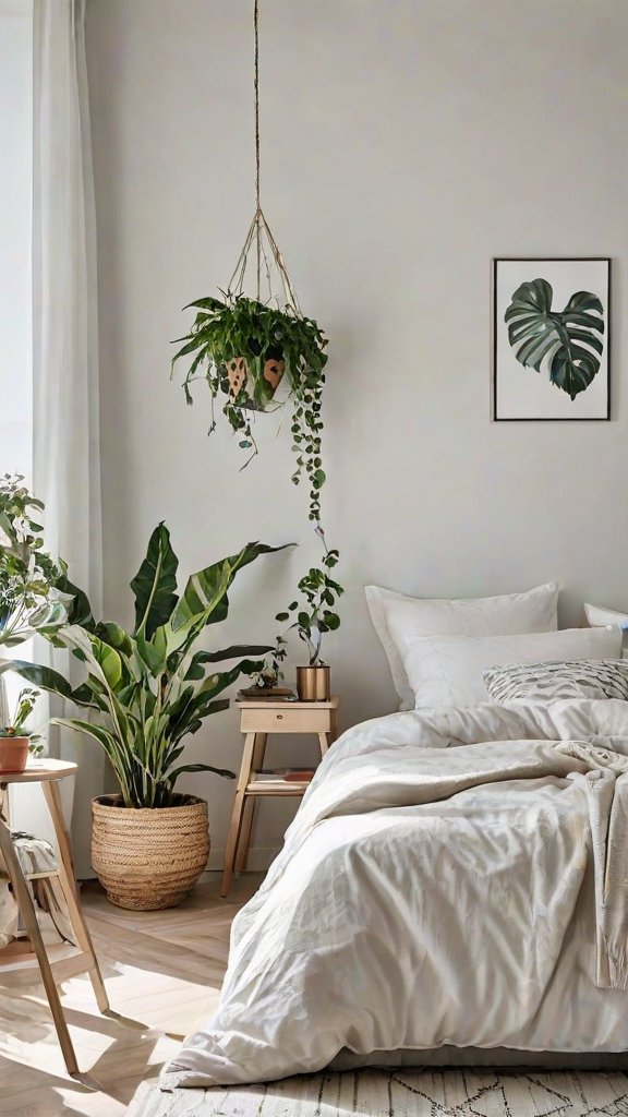 Scandinavian bedroom with a white bed and potted plants