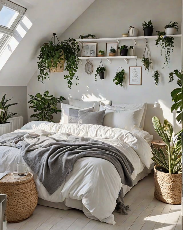 A cozy bedroom with a white bed and potted plants, showcasing a Scandinavian design style.