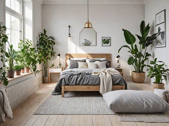 Scandinavian style bedroom with a large bed, wooden headboard, and potted plants.