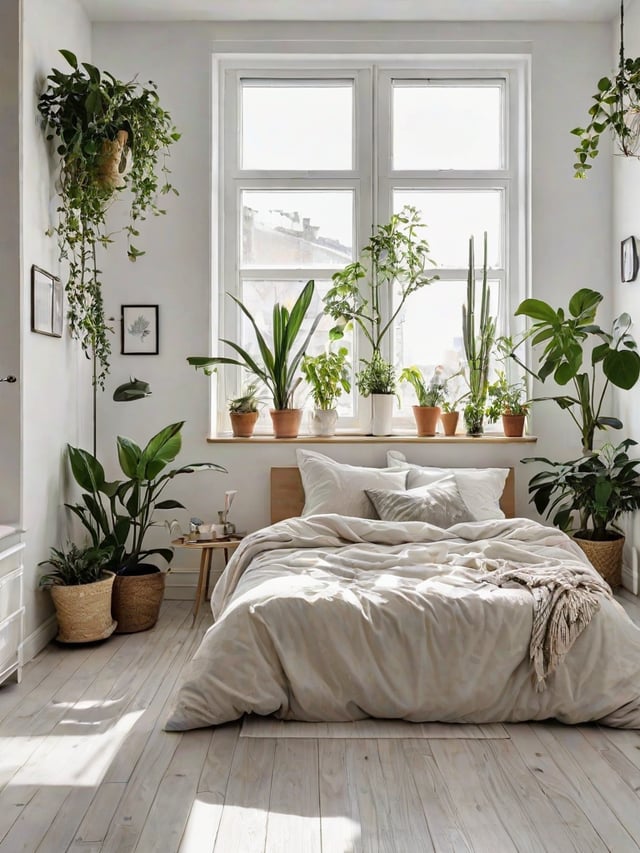 Scandinavian bedroom with a large bed and potted plants by the window