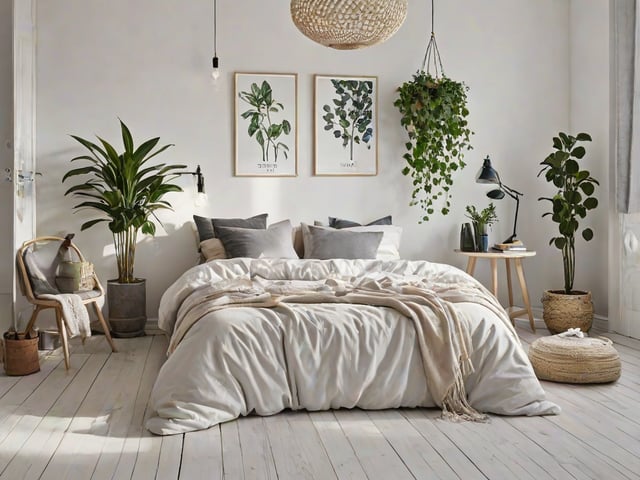 A bedroom with a large bed, two pictures on the wall, and several potted plants. The bed is covered in a white comforter and has a white sheet. The room has a Scandinavian design style with the use of white and green colors.