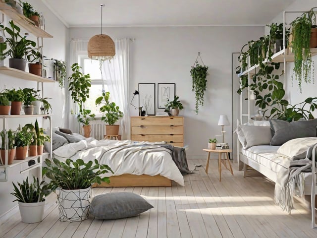 Scandinavian bedroom with a bed, table, and potted plants