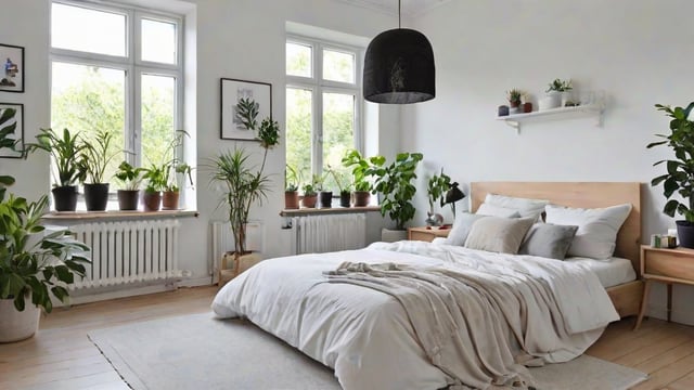 Scandinavian bedroom with a large bed and several potted plants