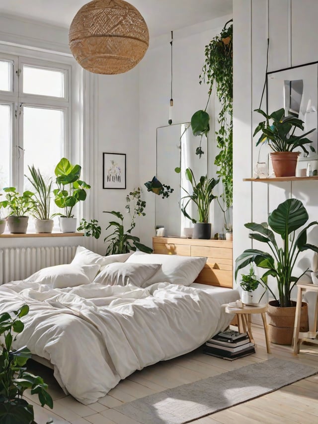 A bedroom with a white bed and many potted plants, giving it a Scandinavian feel.