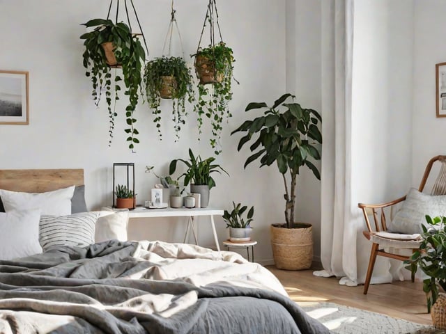 Scandinavian bedroom with a bed, plants, and furniture