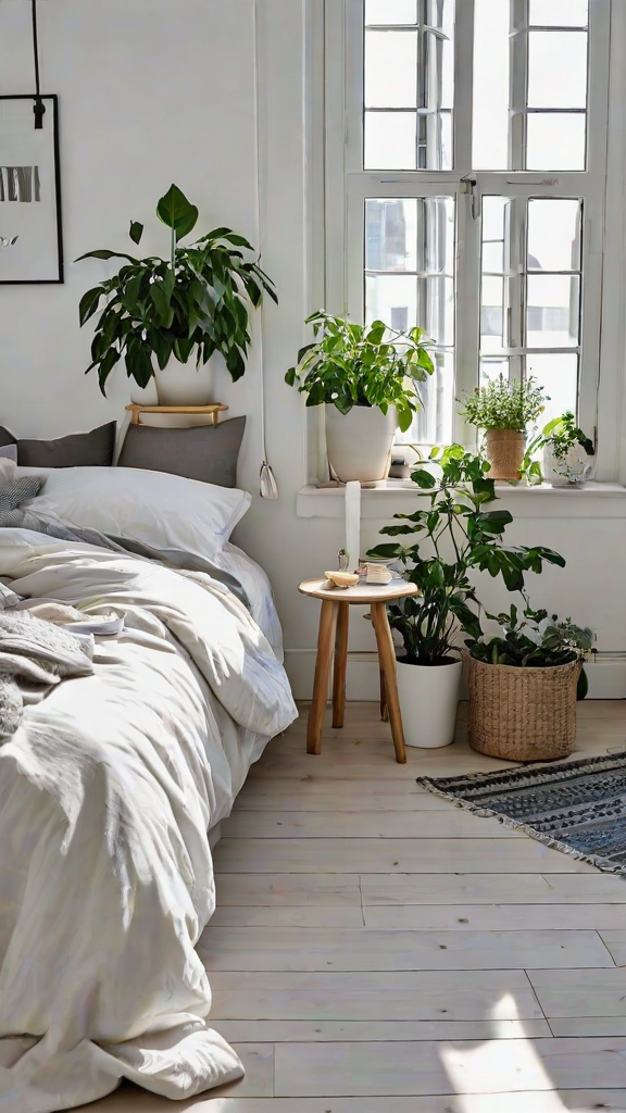 A bedroom with a white bed and potted plants. The bed is neatly made and the room is decorated with several potted plants.