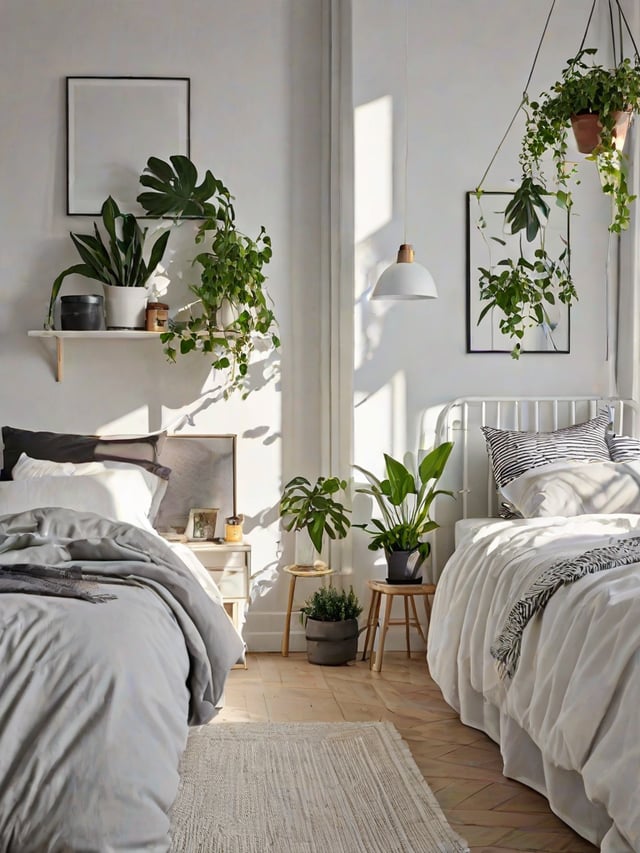 Scandinavian bedroom with two beds and potted plants