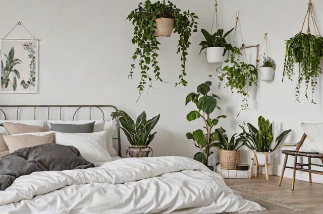 A bedroom with a white bed and a variety of potted plants hanging from the ceiling and placed on the floor.