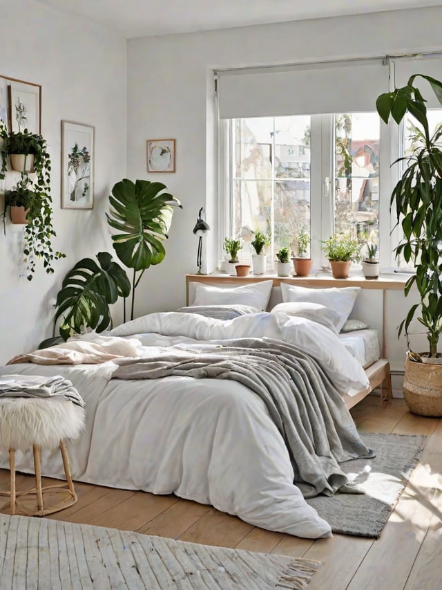 A bedroom with a large bed and several potted plants arranged around the room. The bed is covered in white sheets and blankets, and the plants add a touch of greenery to the space.